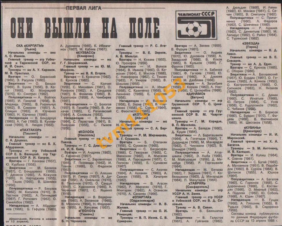 Футбол,Чемпионат СССР 1988,Первая Лига,Составы команд 1.Вырезка из газеты