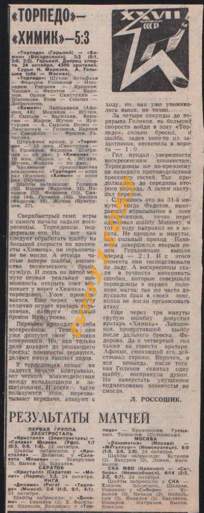Хоккей, Чемпионат СССР 1972-1973.Торпедо Горький-Химик Воскресенск,Отчёт.Вырезка