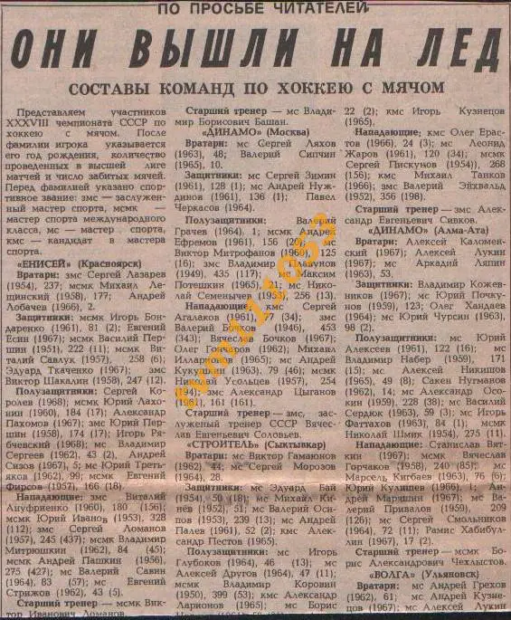 Хоккей с мячом, Чемпионат СССР 1985-1986.Составы команд 2.Вырезка