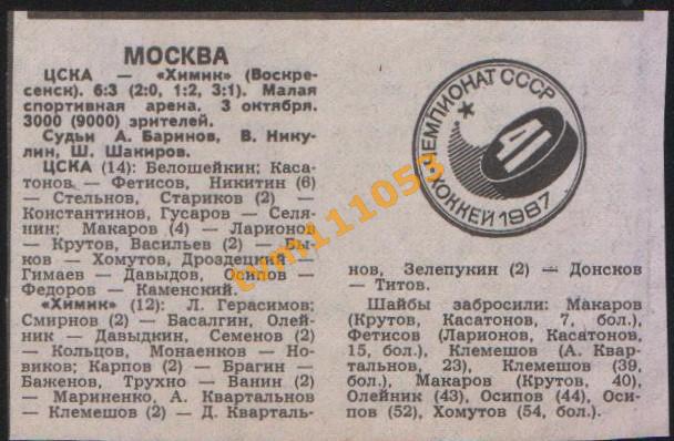 Хоккей,Чемпионат СССР 1986-1987.ЦСКА Москва-Химик Воскресенск,Отчёт.Вырезка