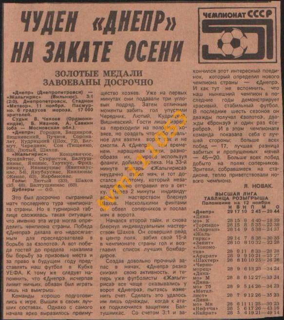 Футбол,Чемпионат СССР 1988.Днепр-Жальгирис Вильнюс,Отчёт.Вырезка