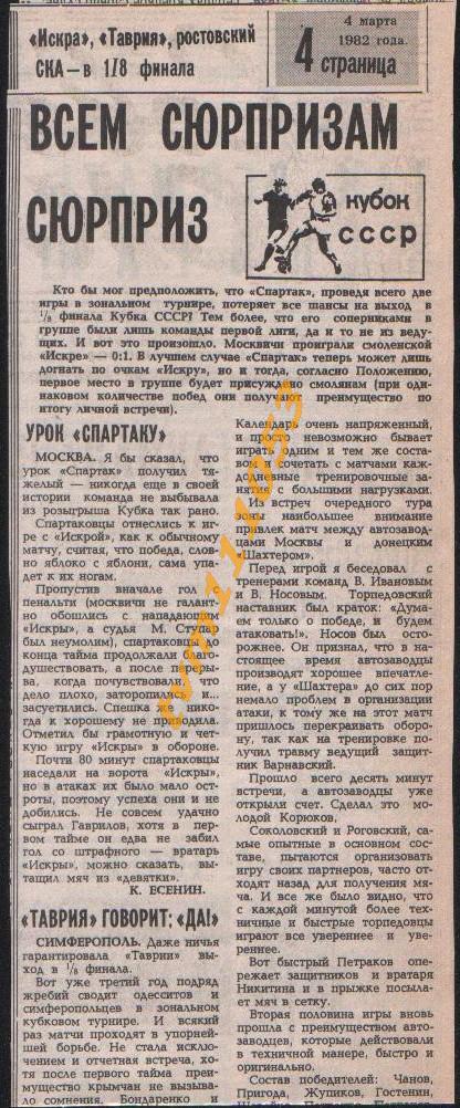 Футбол,Кубок СССР 1982.ЦСКА Москва-Звезда Джизак и др., Отчёты.Вырезка.