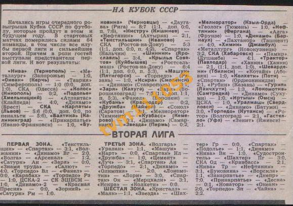 Футбол,Кубок СССР 1988-1989.Результаты.Вырезка .