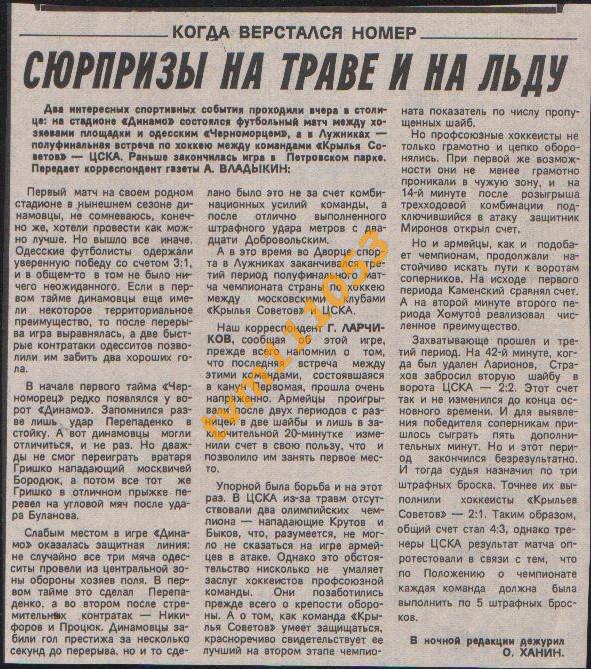Футбол,Чемпионат СССР 1988.Сюрпризы на траве и на льду.Вырезка .