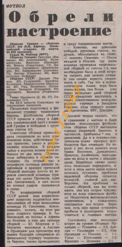Футбол,Отбор к Олимпиаде 1988.Греция-СССР, Отчёт.Вырезка.