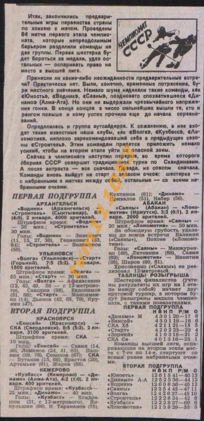 Хоккей с мячом,Чемпионат СССР 1987-1988.Енисей-СКА Свердловск, Отчёты.Вырезка