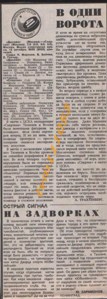 Хоккей,Чемпионат СССР 1986-1987.Динамо Москва-Спартак Москва, Отчёт.Вырезка