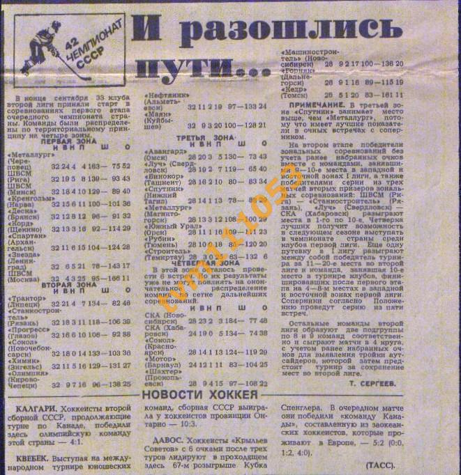 Хоккей,Чемпионат СССР 1987-1988.Вторая Лига.Вырезка.