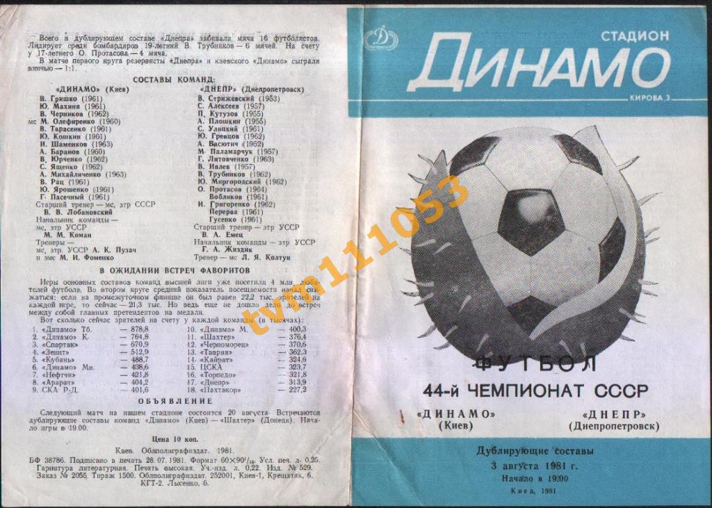 Футбол,Программа Динамо Киев-Днепр Днепропетровск,Дублёры 03.08.1981.