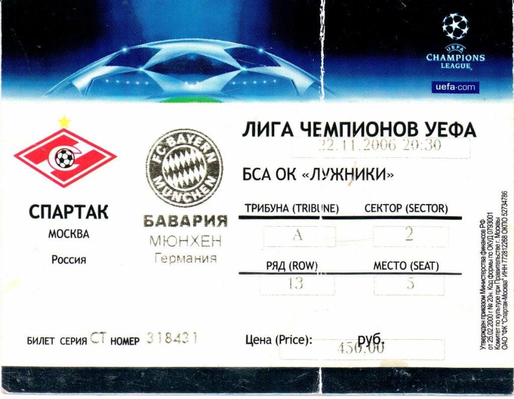 Лига Чемпионов Спартак(Москва)-Бавария(Мюнх ен) 22.11.2006 г.