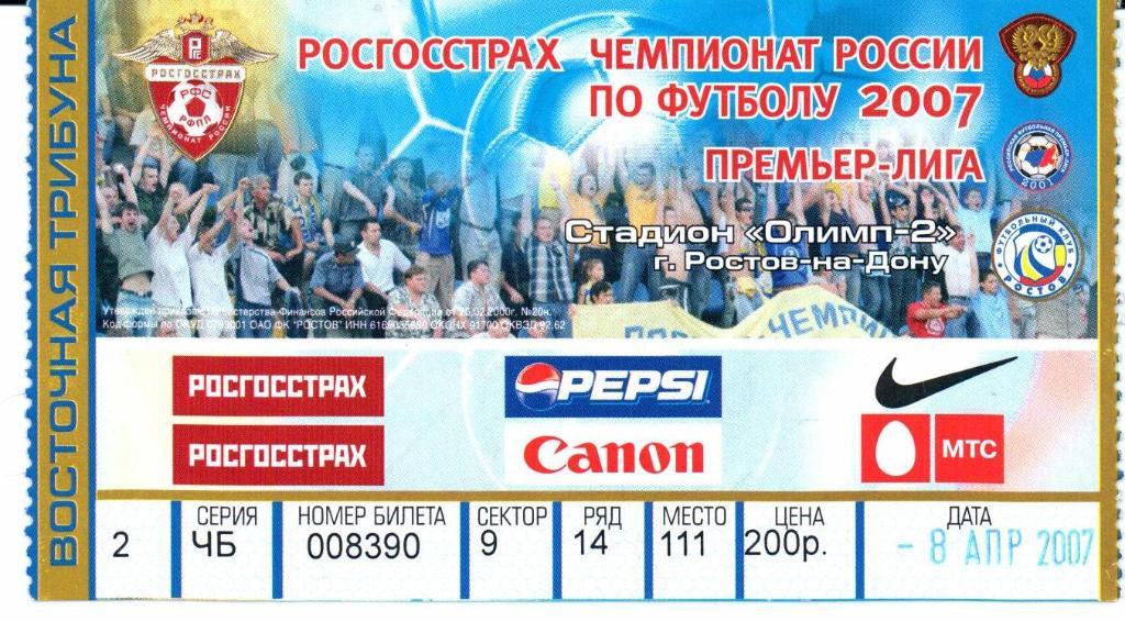 Чемпионат России Ростов(Ростов-на-Дону)-Томь( Томск)08.04.2007