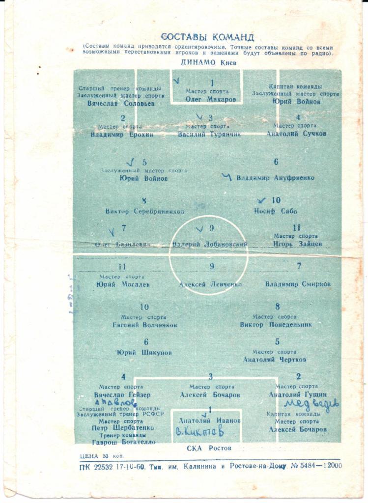 Первенство СССР класс А СКА(Ростов-на-Дону)-Динамо(К иев) 23.10.1960 1