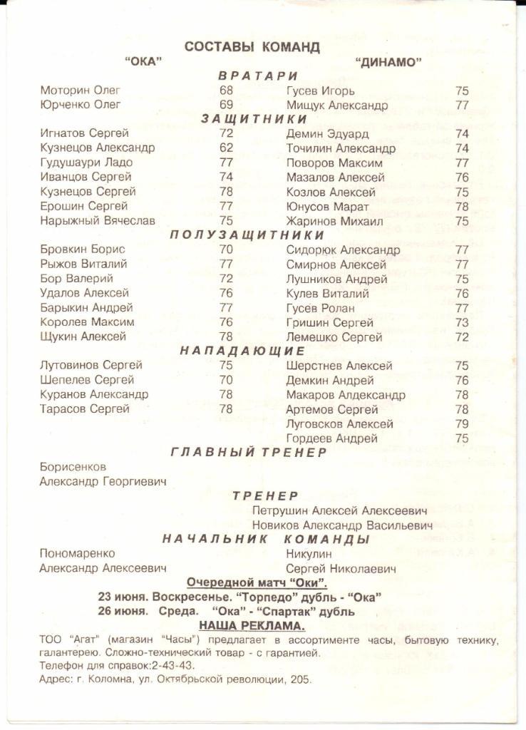 Чемпионат России 3 лига 3 зона Ока(Коломна)-Динамо-дубль(Мо сква)17.06.1996 1