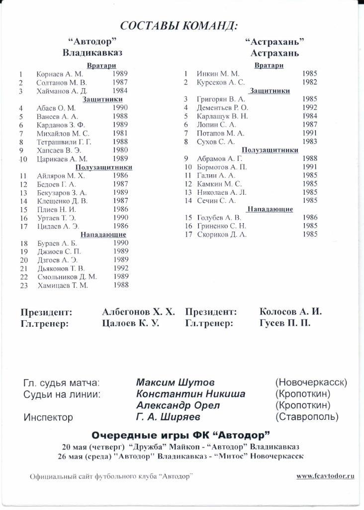 Чемпионат России 2 див.з. Юг Автодор(Владикавказ)-Астраха нь(Астрахань)13.05.2010 1