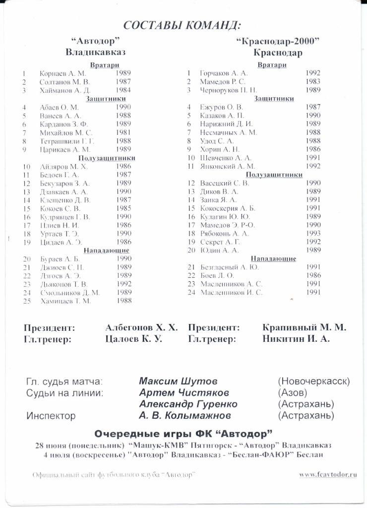 Чемпионат России 2 див.з. Юг Автодор(Владикавказ)-Краснод ар-2000(Крас)21.06.2010 1