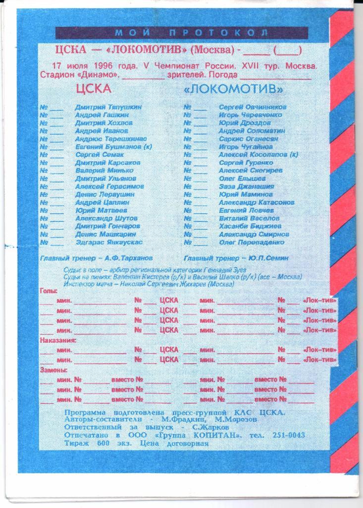 Чемпионат России ЦСКА(Москва)-Локомотив(Москв а)17.07.1996 КЛС 1
