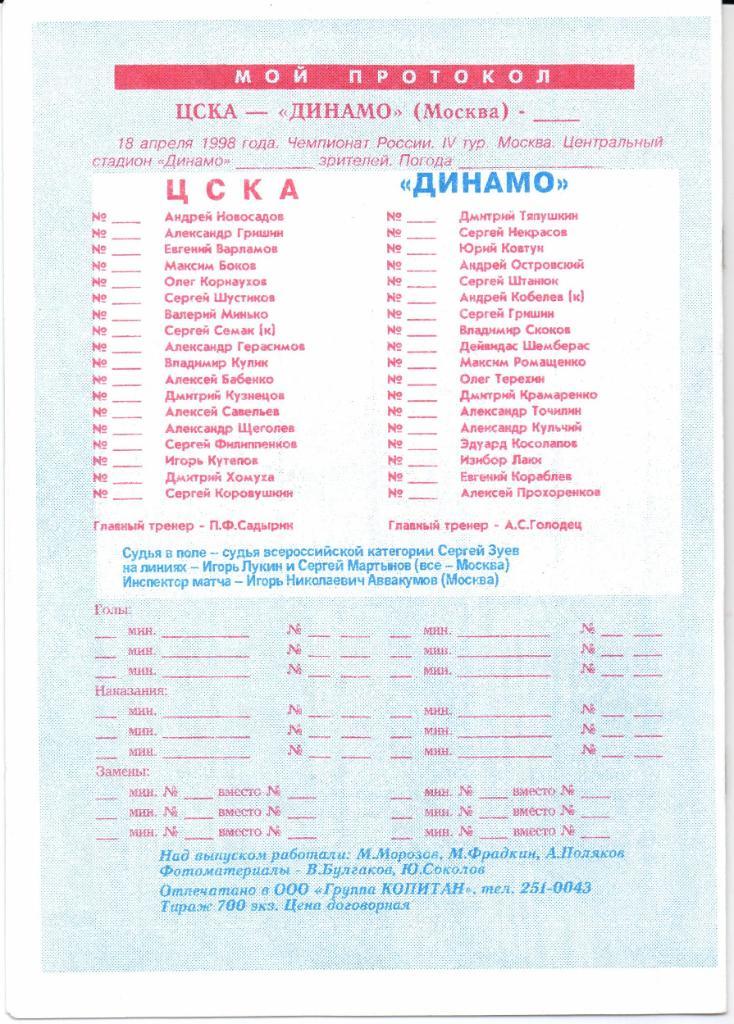 Чемпионат России ЦСКА(Москва)-Динамо(Москва)1 8.04.1998 КЛС 1