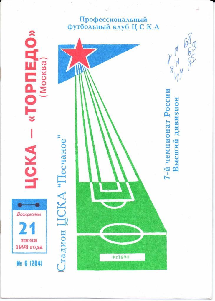 Чемпионат России ЦСКА(Москва)-Торпедо(Москва) 21.06.1998 КЛС