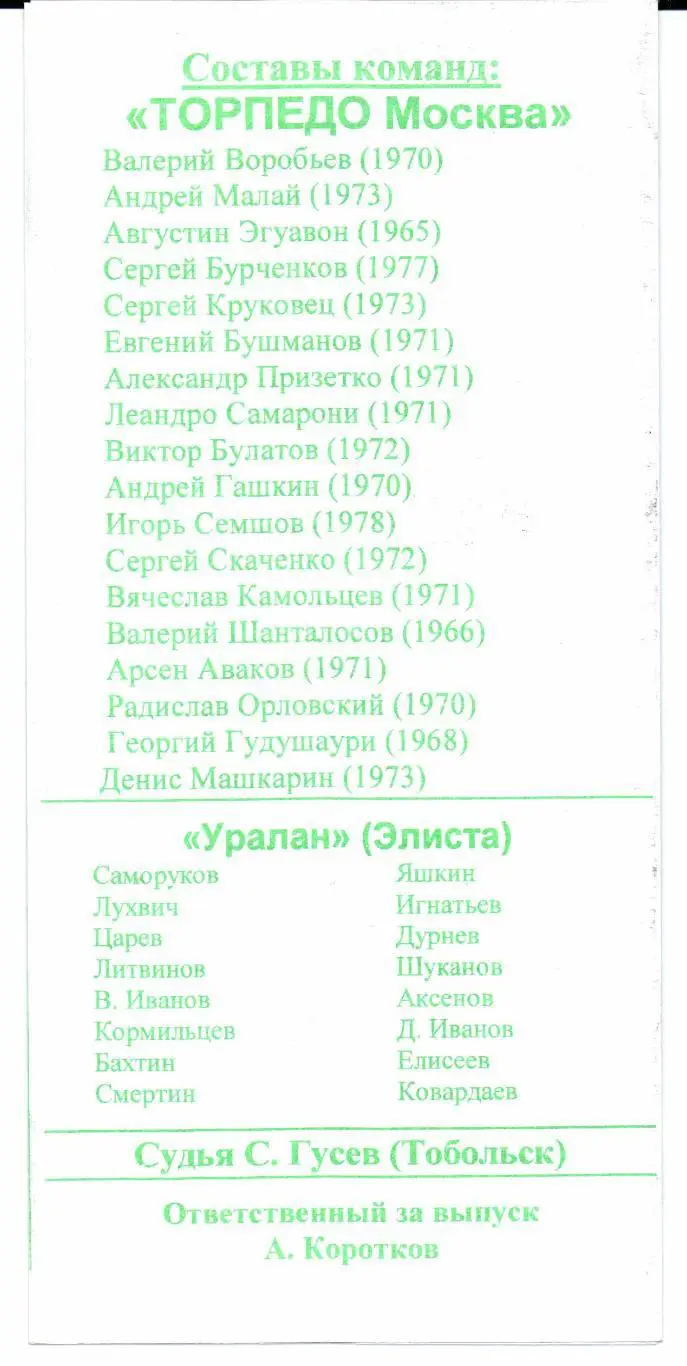 Чемпионат России Высшая лига Торпедо(Москва)-Уралан(Элист а)16.05.1998 КБ 1