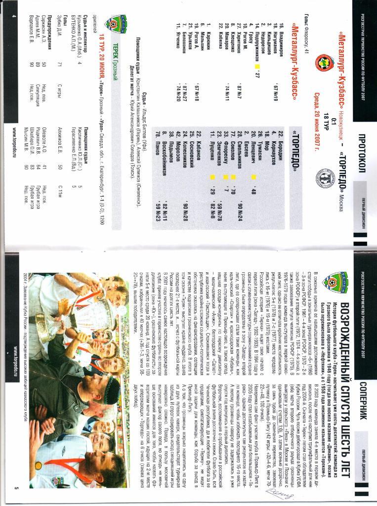 Чемпионат России Первый дивизион Торпедо(Москва)-Терек(Грозны й)30.06.2007 2