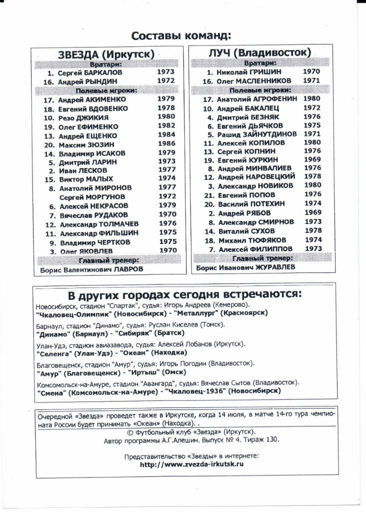 Второй дивизион зона Восток Звезда(Иркутск)-Луч(Владивосток)11.07.2003 1