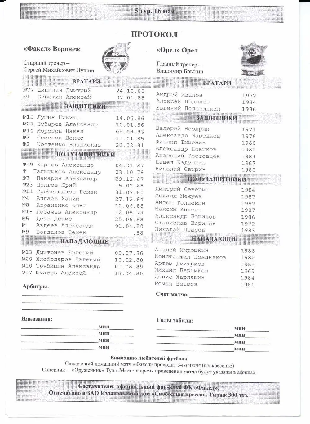 Первенство МОА Черноземье Факел(Воронеж)-Орел(Орел)20. 05.2007 1