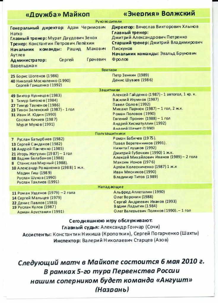 Чемпионат России 2 дивизион зона Юг Дружба(Майкоп)-Энергия(Волжс кий)22.04.2010 1