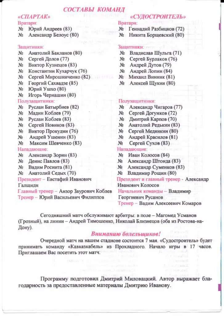 Чемпионат России 2 д.зона Юг Судостроитель(Астрахань)-Спа ртак(Анапа)01.05.2002 1