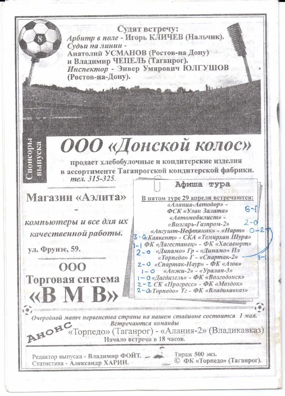 Чемпионат России 3 д ЮФО Торпедо(Таганрог)-ФК Владикавказ(Владикавказ)29.0 4.2003 1