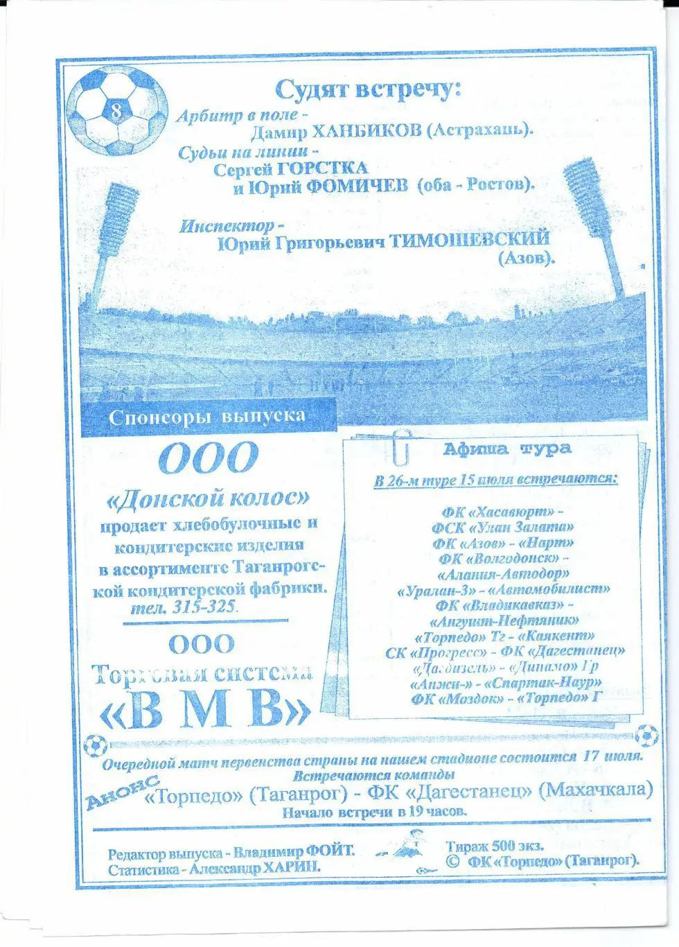 Чемпионат России 3 дивизион ЮФО Торпедо(Таганрог)-Каякент(Из бербаш)15.07.2003 1