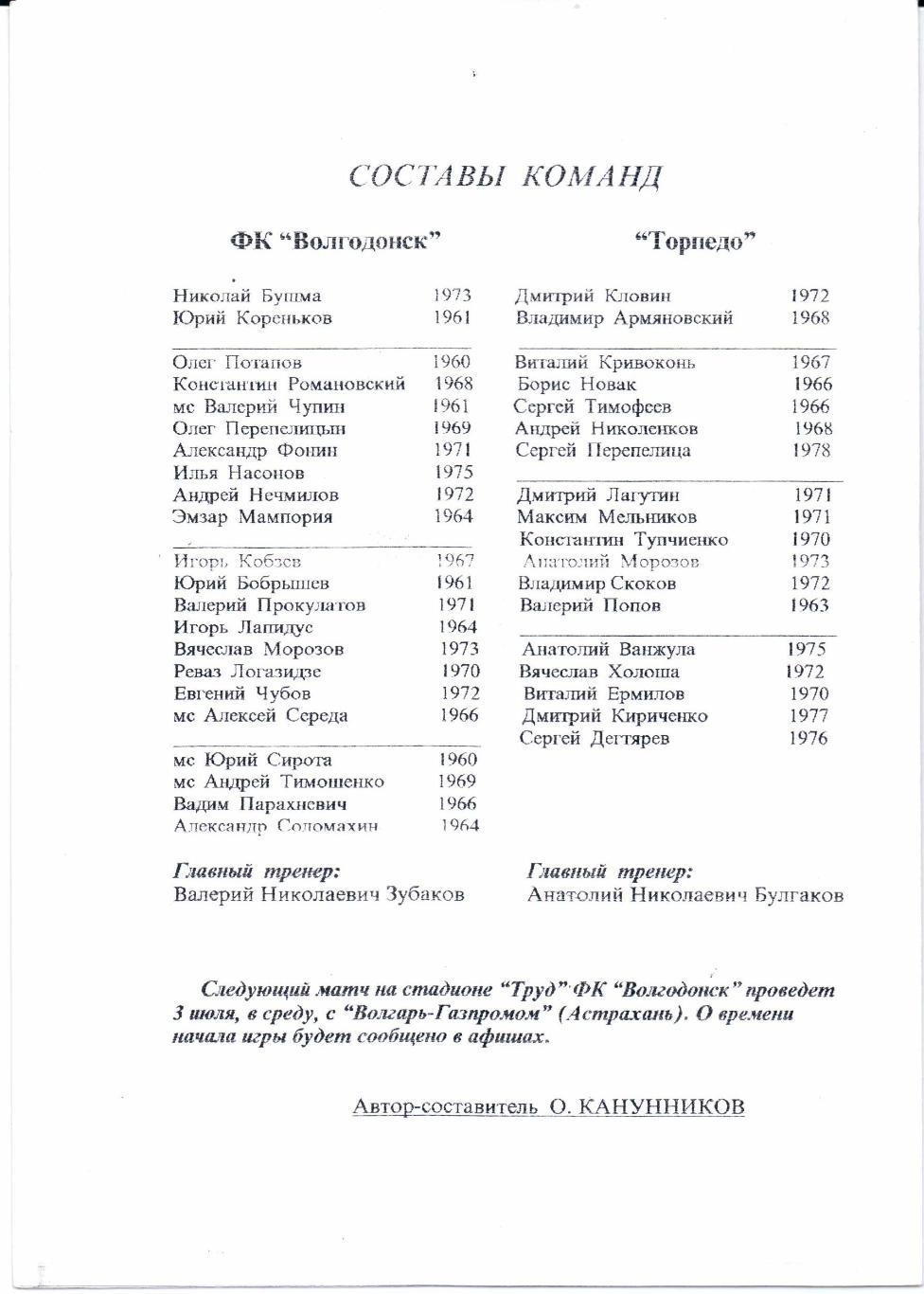 2 лига зона Запад ФК Волгодонск(Волгодонск)-Торпе до(Таганрог)07.06.1996 3