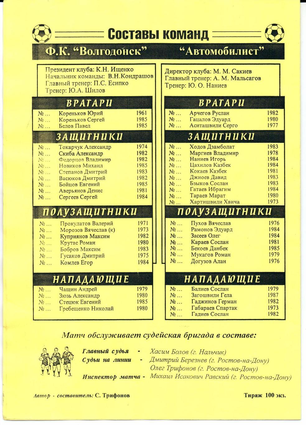 3 дивизион зона ЮФО ФК Волгодонск(Волгодонск)-Автом обилист(Беслан)18.07.2002 1