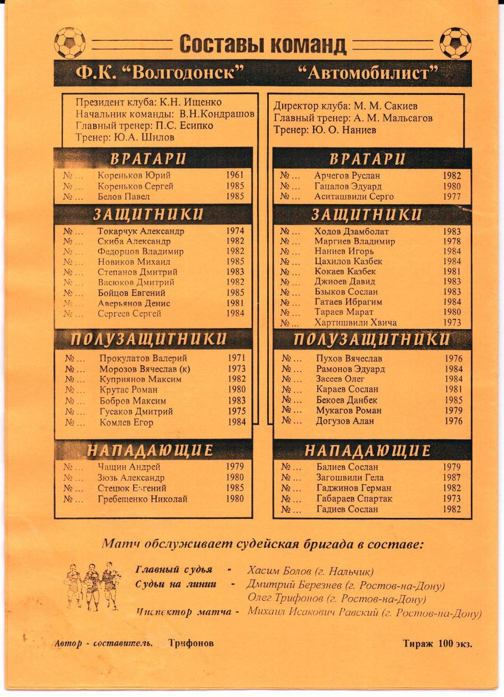 3 дивизион зонаЮФОФК Волгодонск(Волгодонск)-Автом обилист(Беслан)18.07.2002 1