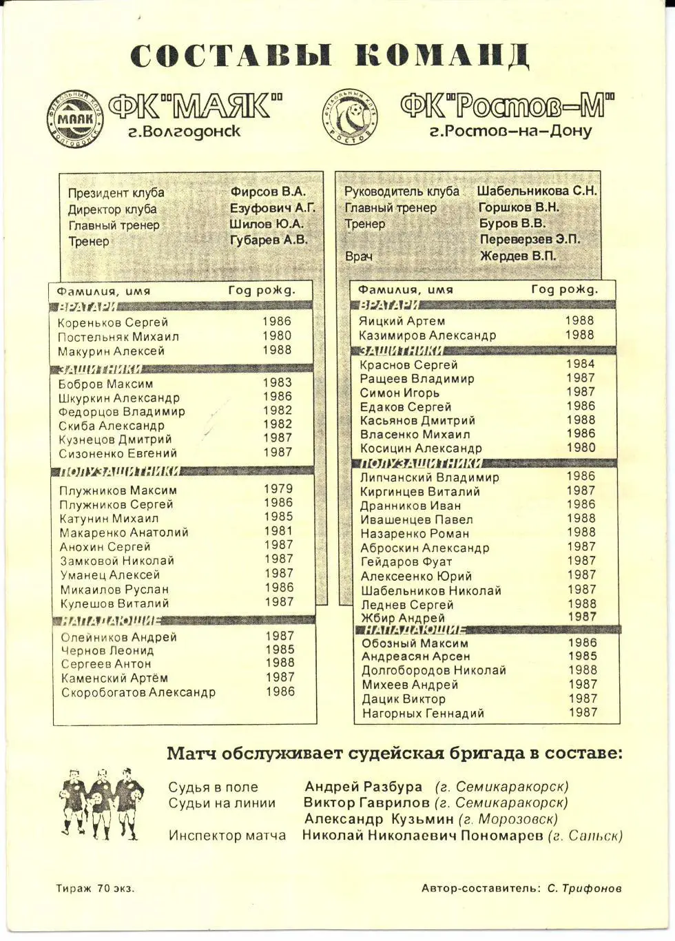 РО Высшая лига ФК Маяк(Волгодонск)-ФК Ростов-М(Ростов-на-Дону)24.0 4.2005 1