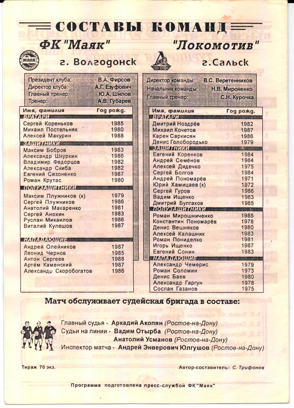 РО Высшая лига ФК Маяк(Волгодонск)-Локомотив(С альск)16.07.2005 1