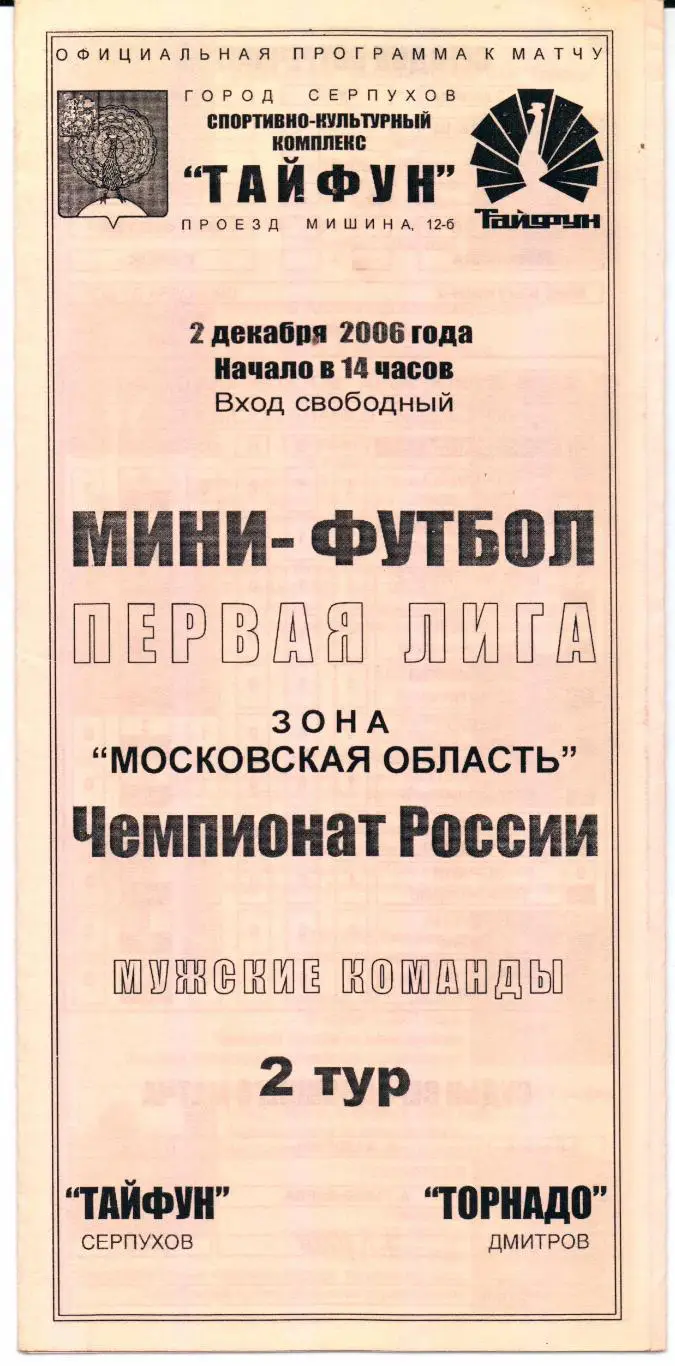 Мини-футбол Первая лига зона МО Тайфун(Серпухов)-Торнадо(Дми тров)02.12.2006