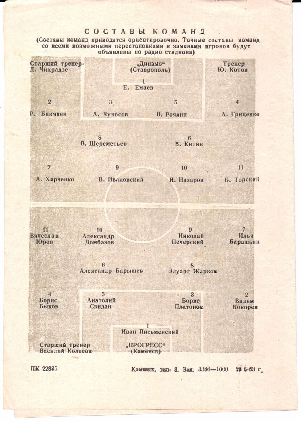 Класс Б 3-я зона Прогресс(Каменск)-Динамо(Ста врополь)30.06.1963 1