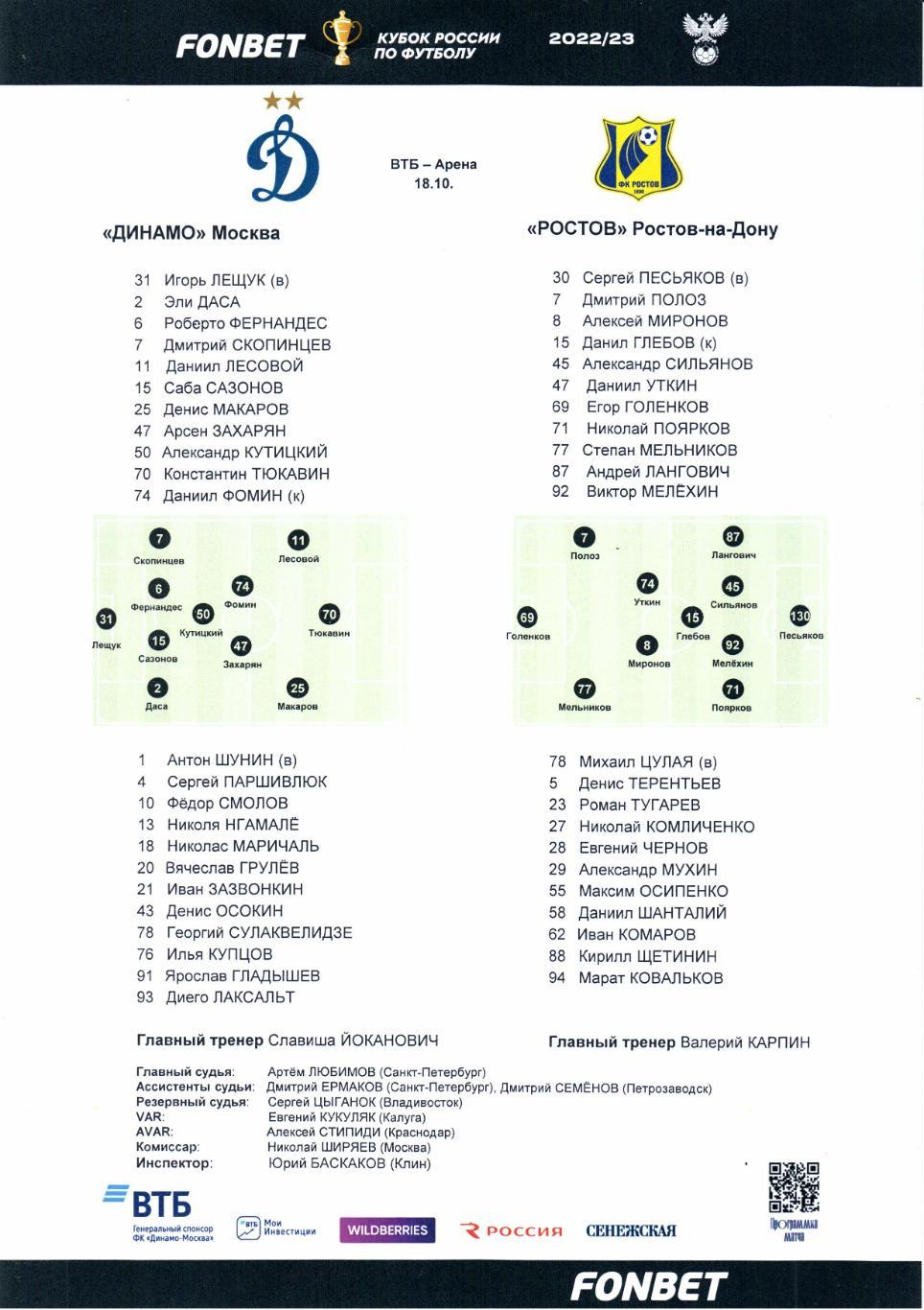 Стартовый протокол Кубок России Динамо(Москва)-Ростов(Ростов -на-Дону)18.10.2022