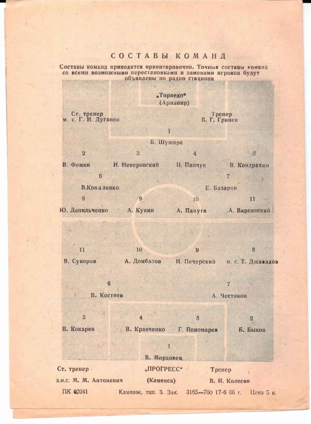 Класс Б 3-я зона Прогресс(Каменск)-Торпедо(Армавир)19.06.1966 1