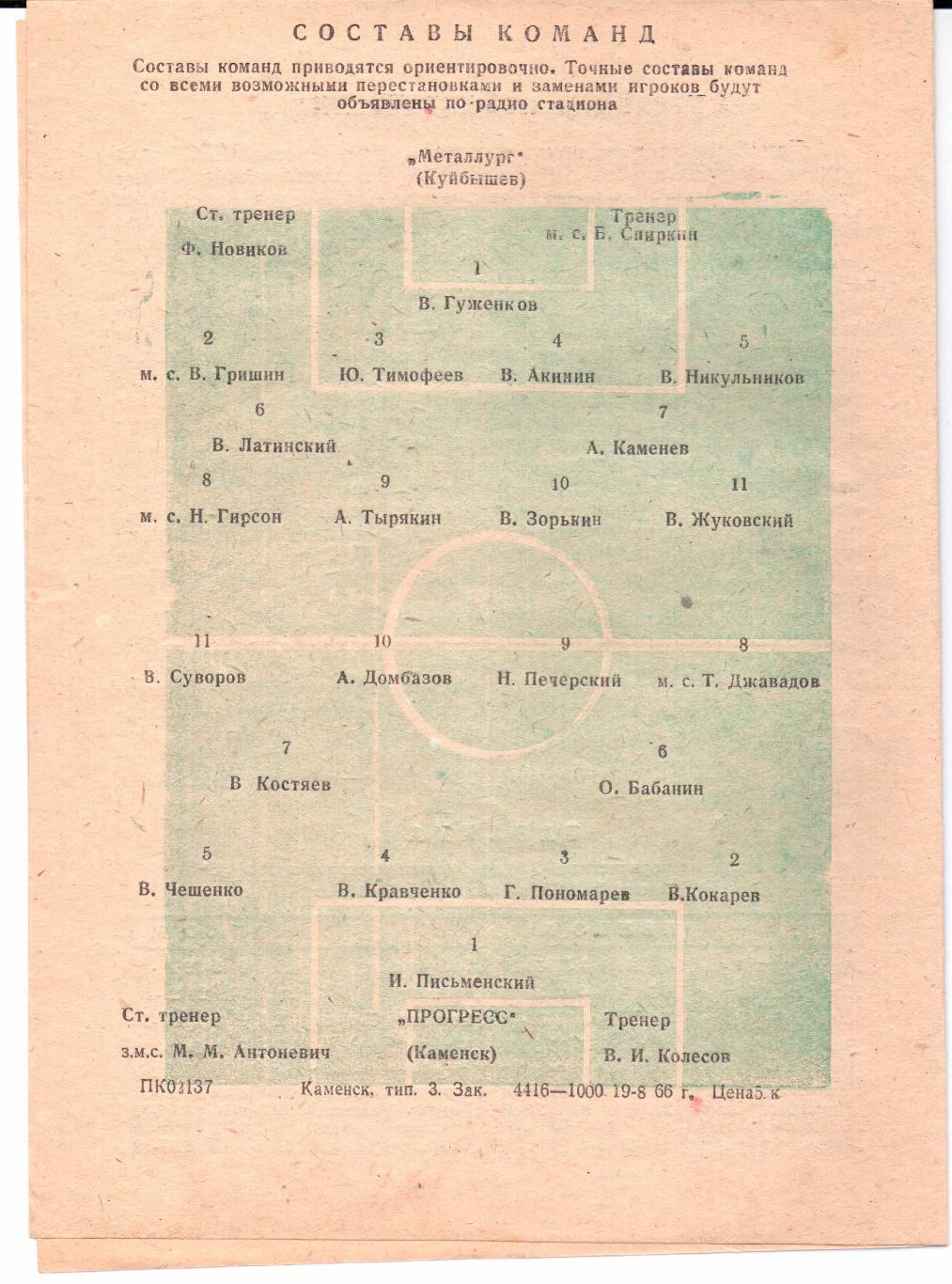 Класс Б 3-я зона Прогресс(Каменск)-Металлург(Куйбышев)21.08.1966 1