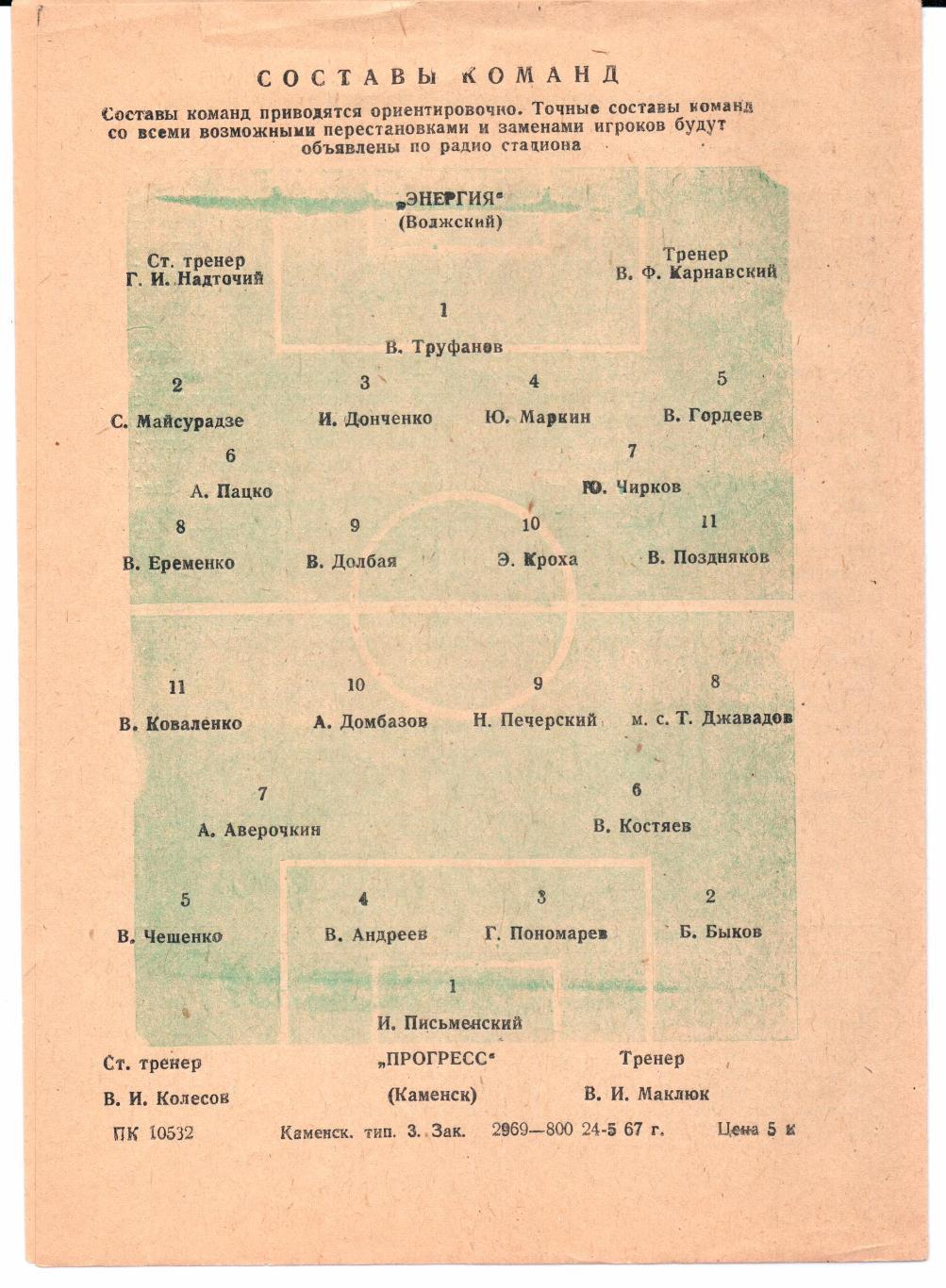 Класс Б 3-я зона Прогресс(Каменск)-Энергия(Волжский)24.05.1967 1