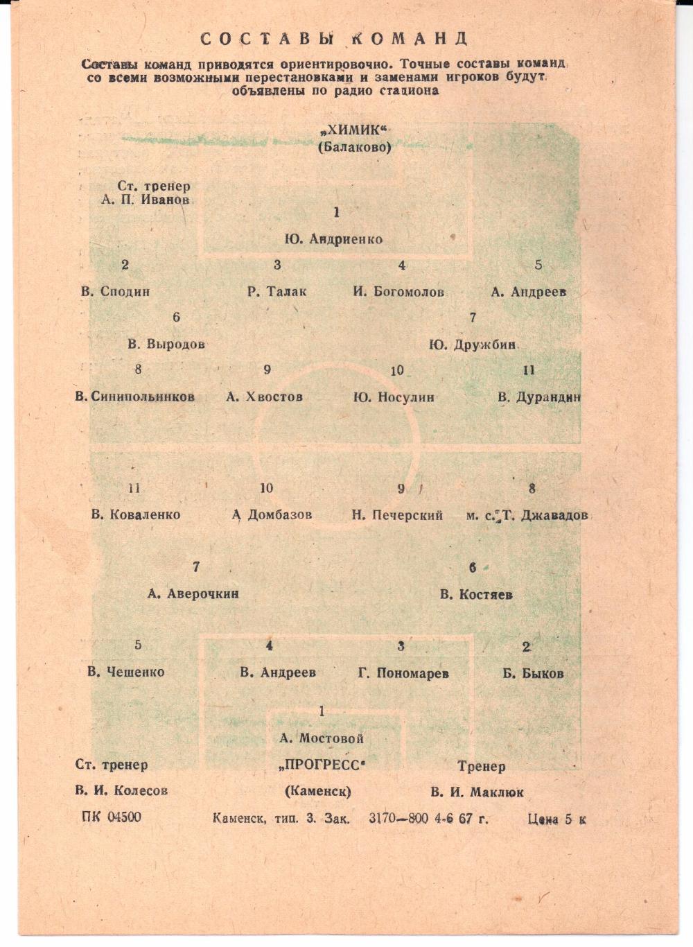 Класс Б 3-я зона Прогресс(Каменск)-Химик(Балаково)04.06.1967 1