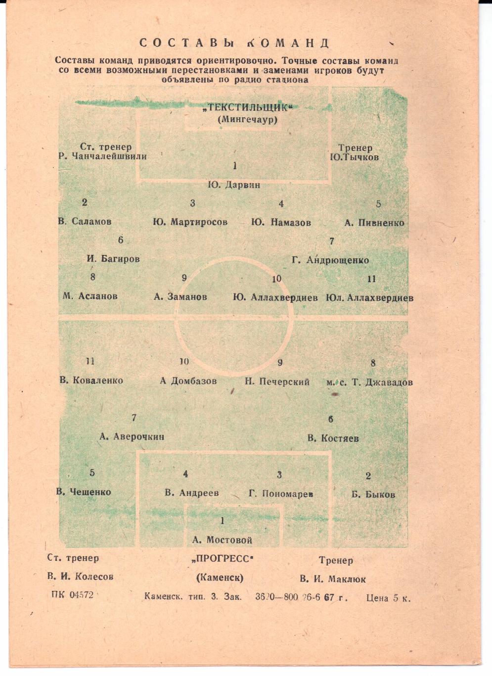 Класс Б 3-я зона Прогресс(Каменск)-Текстильщик(Мингечаур)27.06.1967 1