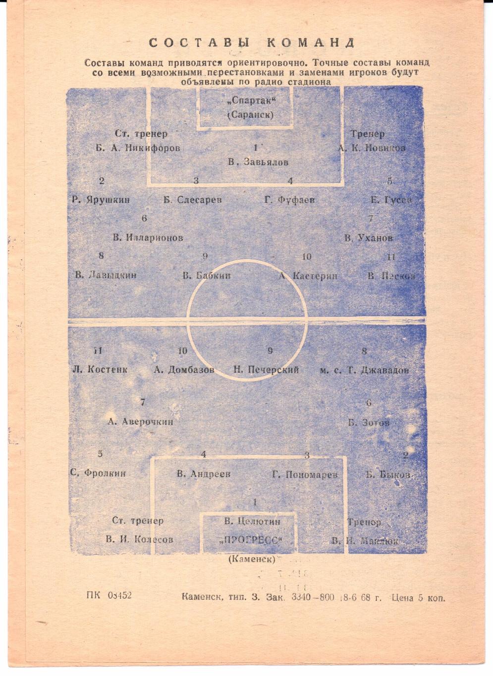 Класс Б 2-я зона Прогресс(Каменск)-Спартак(Саранск)18.06.1968 1