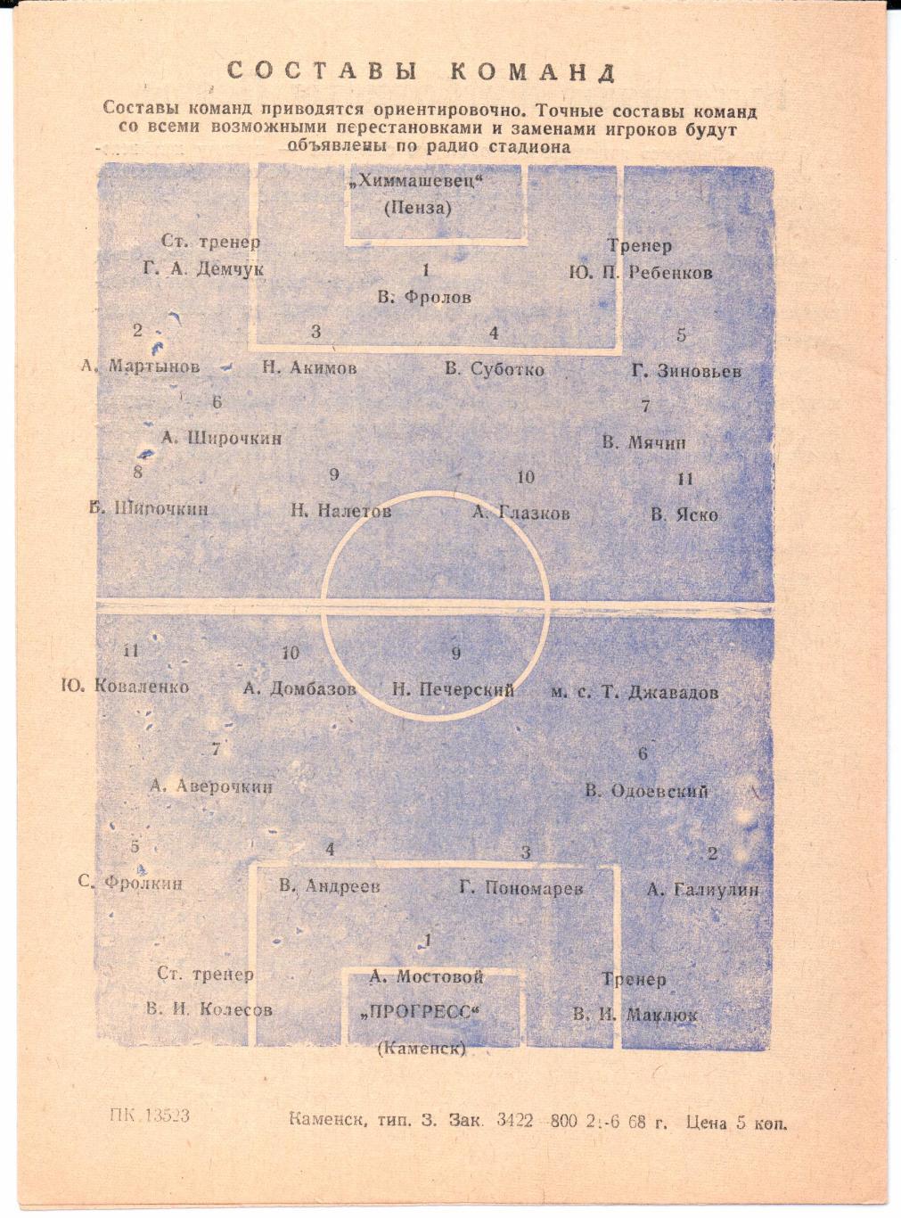 Класс Б 2-я зона Прогресс(Каменск)-Химмашевец(Пенза)23.06.1968 1