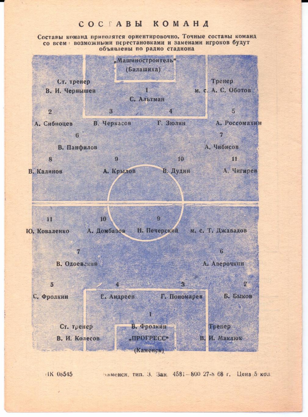 Класс Б 2-я зона Прогресс(Каменск)-Машиностроитель(Балашиха)27.08.1968 1