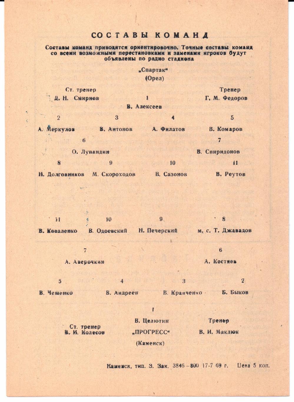 Класс Б 3-я зона Прогресс(Каменск)-Спартак(Орел)17.07.1969 1