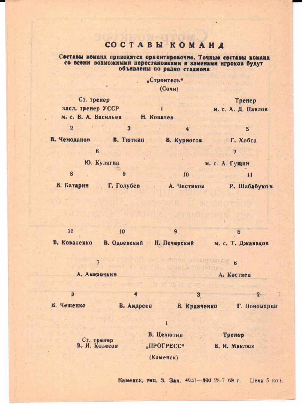 Класс Б 3-я зона Прогресс(Каменск)-Строитель(Сочи)29.07.1969 1