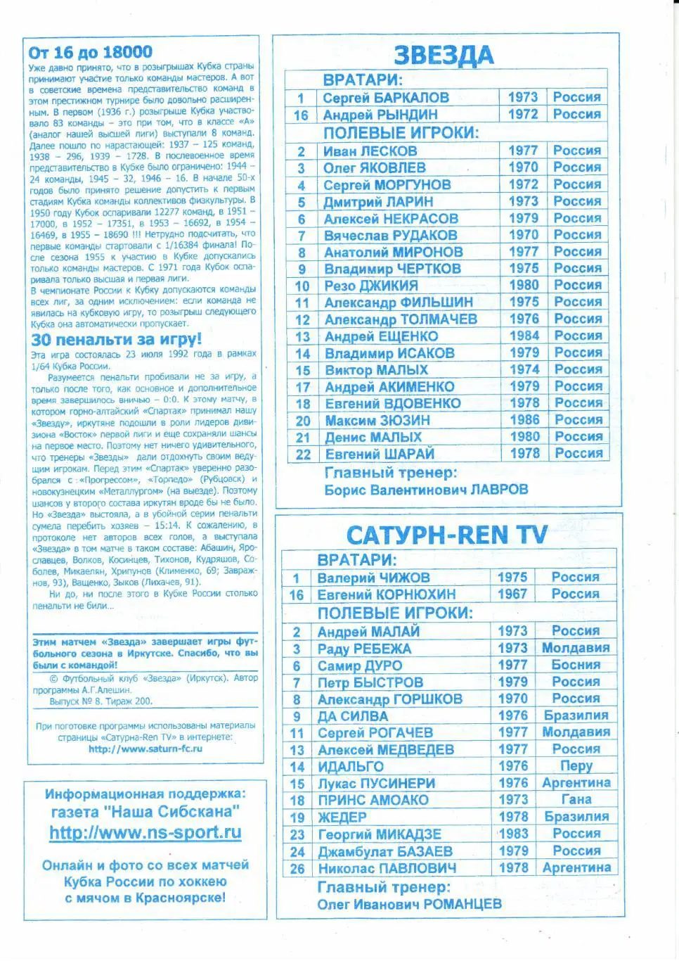 Кубок России 1/16 финала Звезда(Иркутск)-Сатурн-Ren TV(Раменское)10.10.2003 1