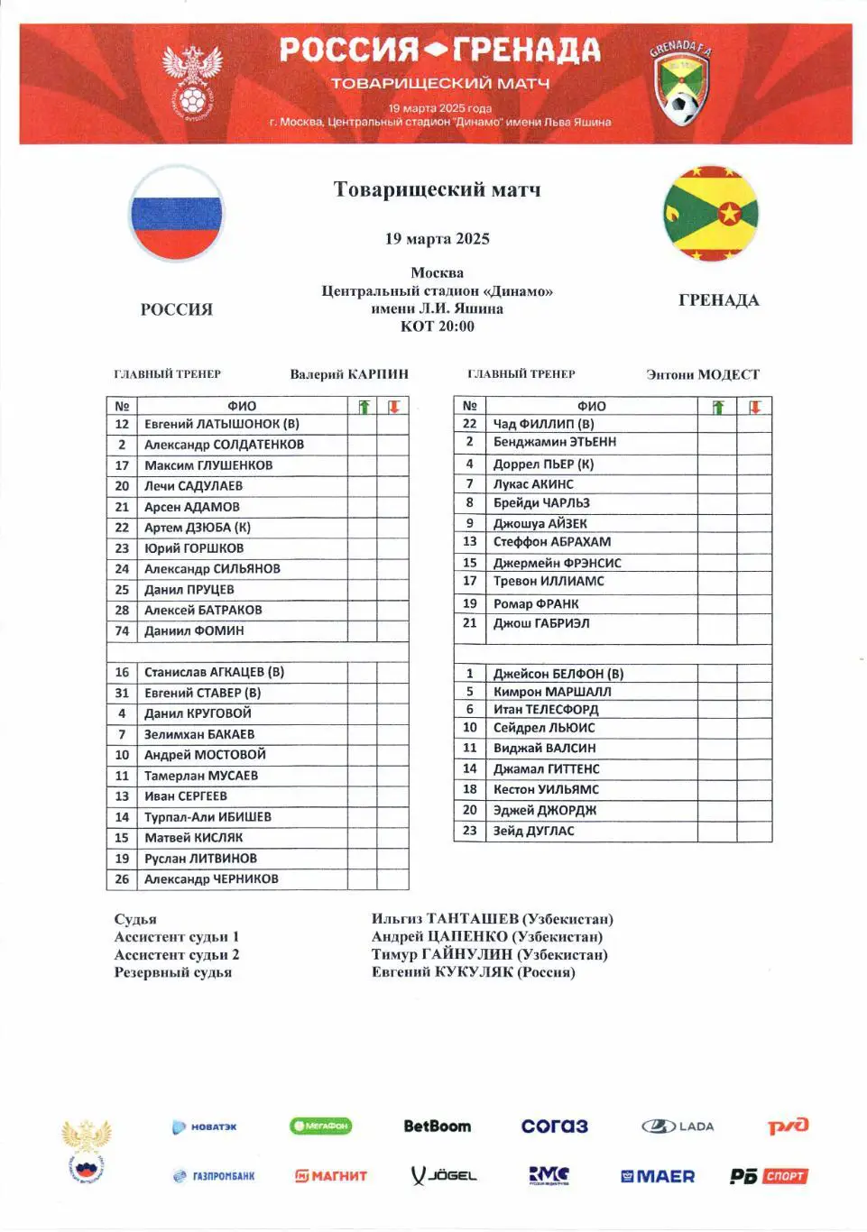 Стартовый протокол Россия-Гренада 19.03.2025